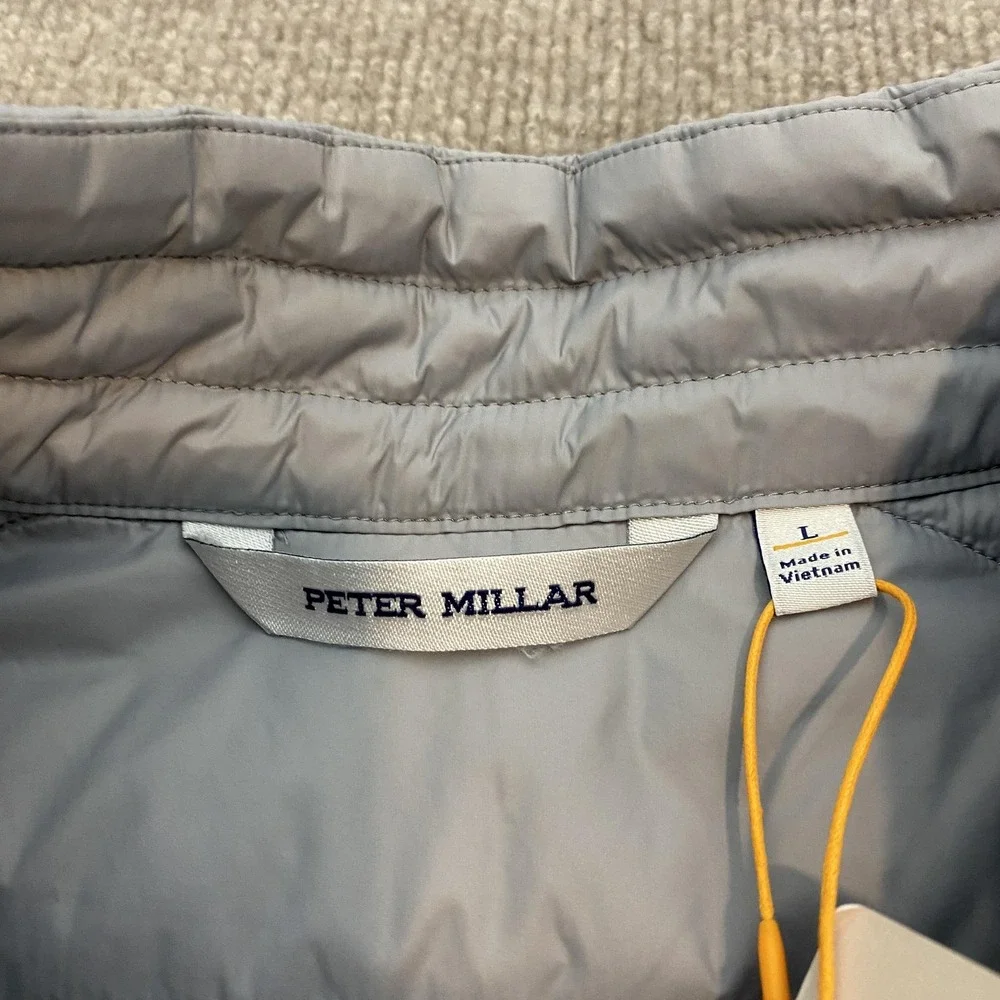 Peter Millar Vest Mens Large Gray Apex Puffer Full Zip Golf Dawson Oil Logo